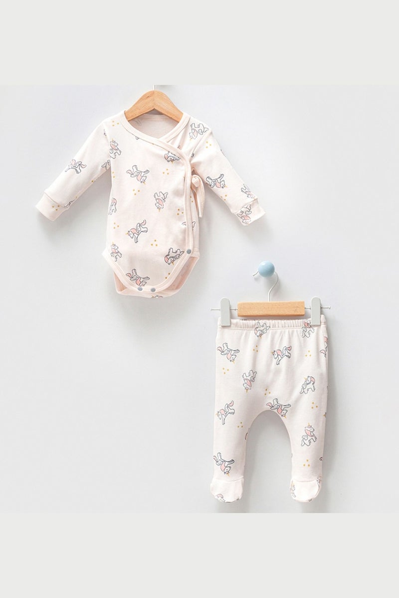 Modam Bebek By Bubbles Unicorn Natural Front Snap Footed Pajamas Double Breasted 2-Piece Baby Girl Set