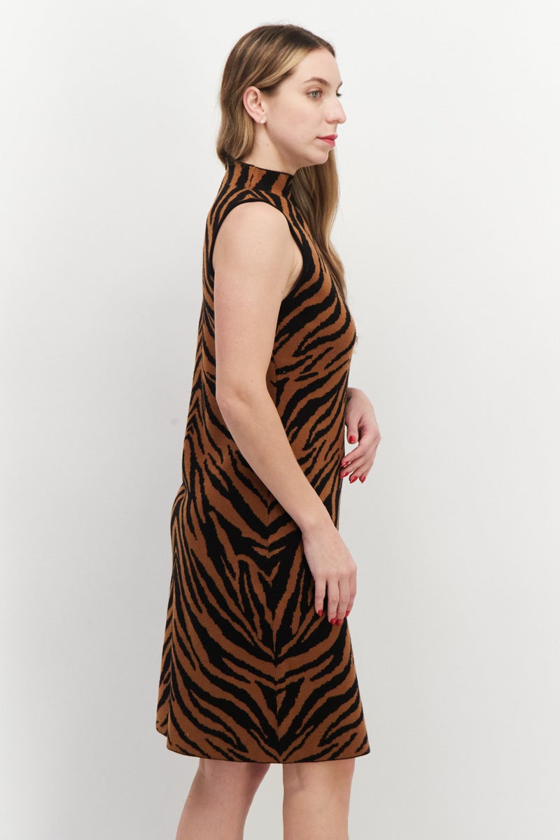 Tahari فستان ميدي كاجوال بطبعة تجريدية للنساء، بني - Image 3