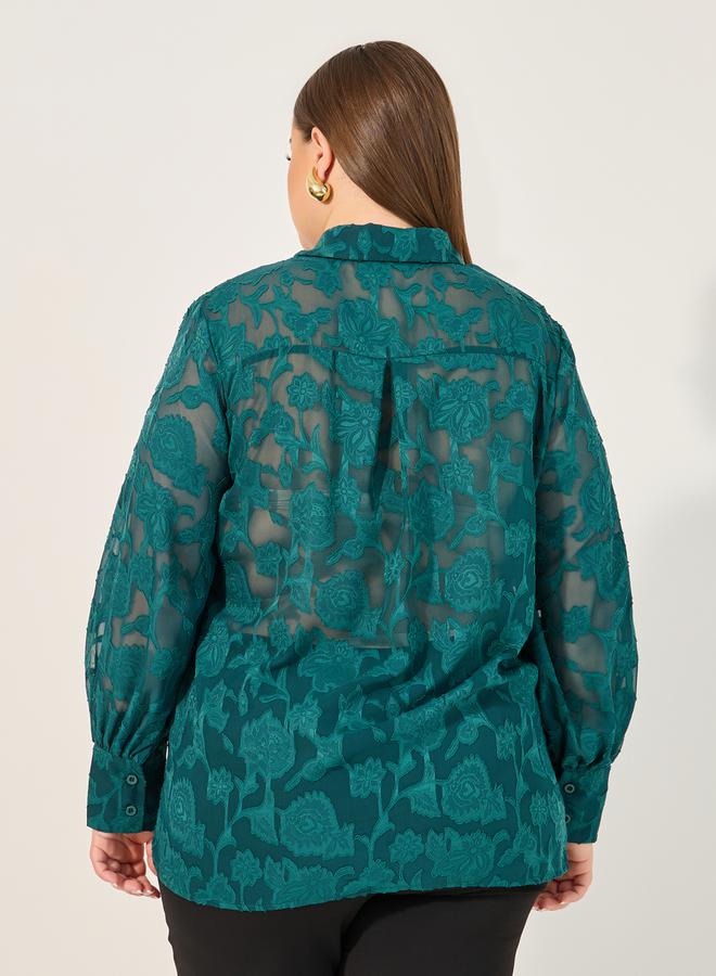 Styli Plus Size Burn Out Lace Detail Balloon Sleeve Shirt - Image 4