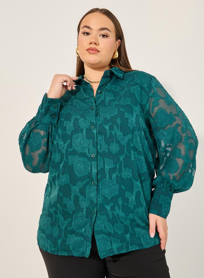 Styli Plus Size Burn Out Lace Detail Balloon Sleeve Shirt - Image 1