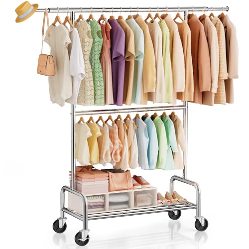 ZHKINGGS Heavy Duty Clothes Rack Load 660 LBS , Rolling Garment Rack with Lockable Wheels, Double Rod Extendable Clothing Rack with Adjustable Middle Rod & Storage Shelf for Bedroom, Laundry, Closet (Silver) - Image 1