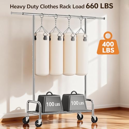 ZHKINGGS Heavy Duty Clothes Rack Load 660 LBS , Rolling Garment Rack with Lockable Wheels, Double Rod Extendable Clothing Rack with Adjustable Middle Rod & Storage Shelf for Bedroom, Laundry, Closet (Silver) - Image 5