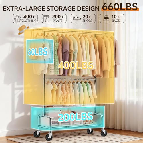 ZHKINGGS Heavy Duty Clothes Rack Load 660 LBS , Rolling Garment Rack with Lockable Wheels, Double Rod Extendable Clothing Rack with Adjustable Middle Rod & Storage Shelf for Bedroom, Laundry, Closet (Silver) - Image 2