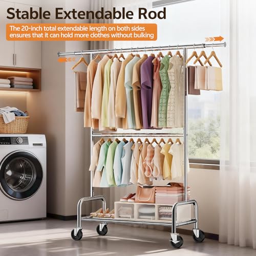 ZHKINGGS Heavy Duty Clothes Rack Load 660 LBS , Rolling Garment Rack with Lockable Wheels, Double Rod Extendable Clothing Rack with Adjustable Middle Rod & Storage Shelf for Bedroom, Laundry, Closet (Silver) - Image 3
