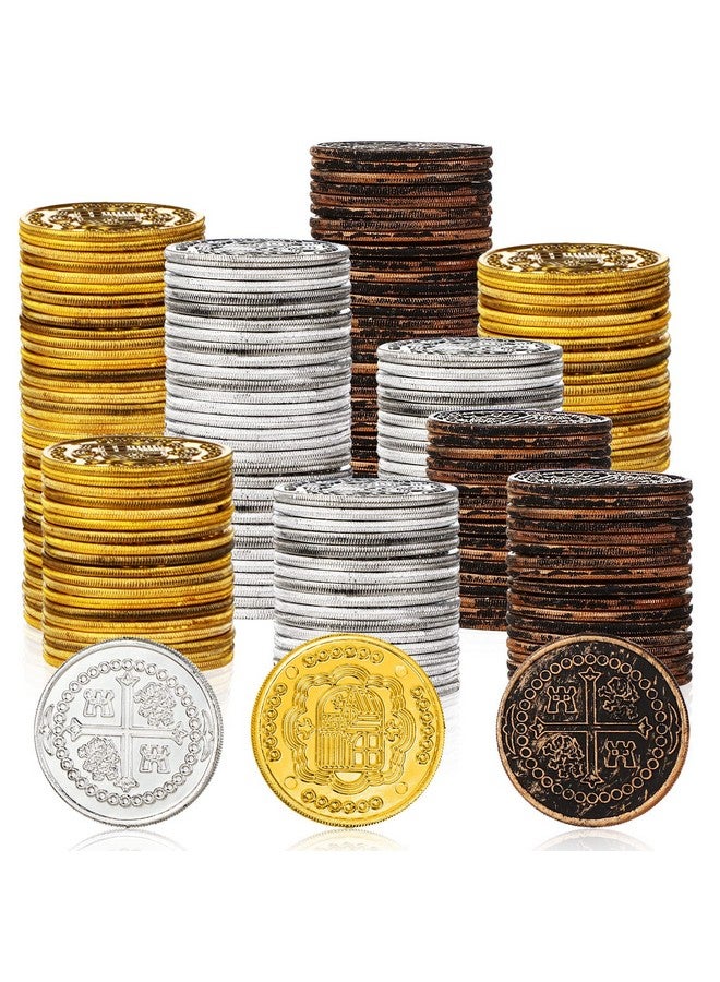 Charniol 300 Pcs Plastic Gold Coins Pirate Coins Kids Fake Play Coins Replica Spanish Doubloons for Pirate Party Treasure Chest Games Tokens Toys Cosplay Halloween, Gold, Silver, Bronze (Round) - Image 1