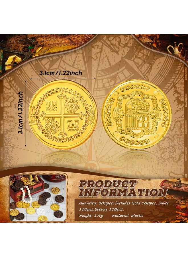 Charniol 300 Pcs Plastic Gold Coins Pirate Coins Kids Fake Play Coins Replica Spanish Doubloons for Pirate Party Treasure Chest Games Tokens Toys Cosplay Halloween, Gold, Silver, Bronze (Round) - Image 3