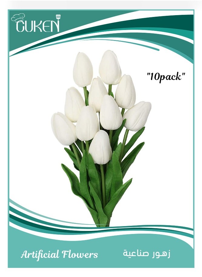 Cuken Artificial Flowers,10 Heads Tulips Artificial Flowers Real Touch Tulips Silk Artificial Tulips Flower for Bouquet Room Centerpiece Party Wedding Office Home Decoration(White)  - Image 1
