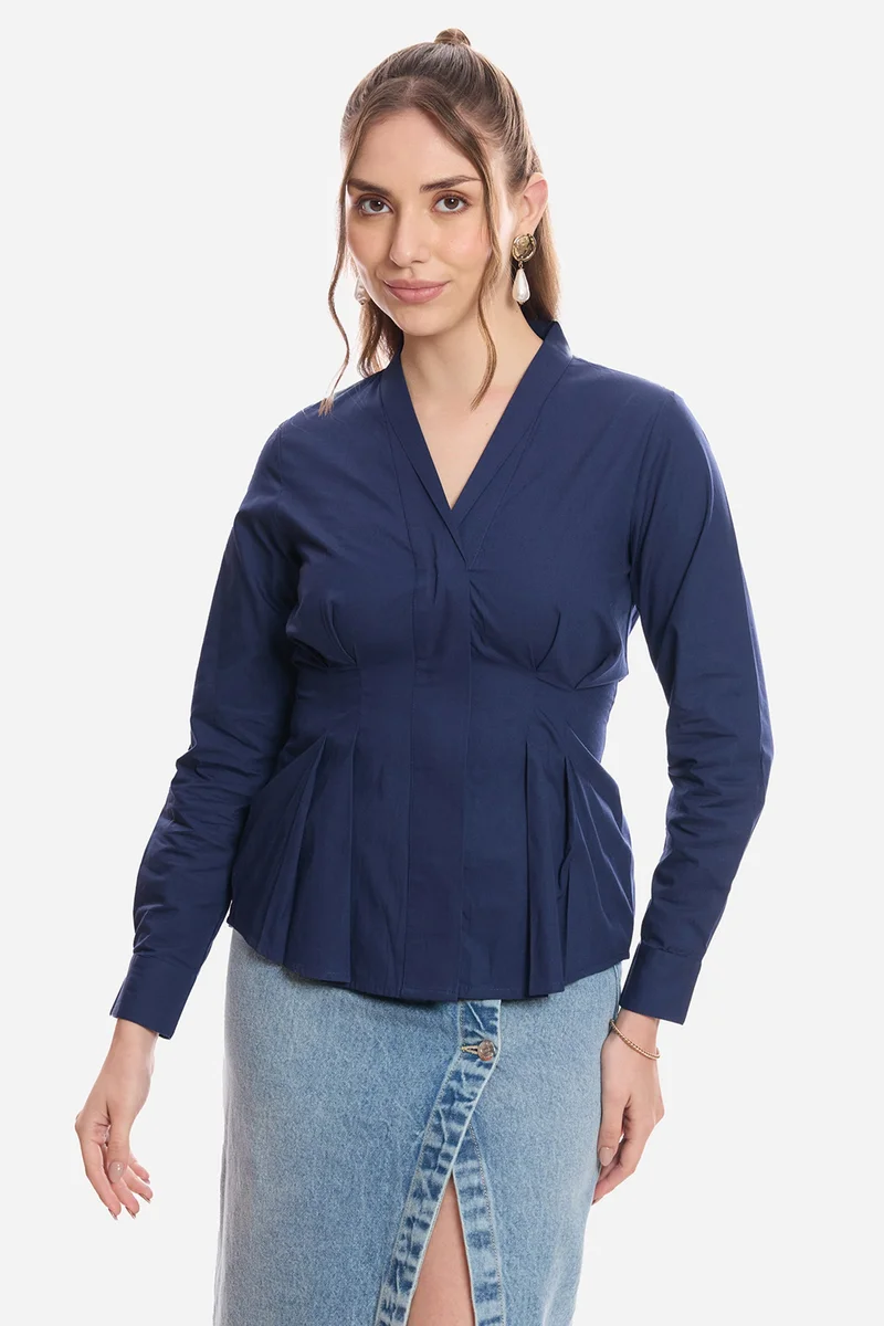 Virgio Solid Cotton Pleated Fit & Flare Shirt for Women