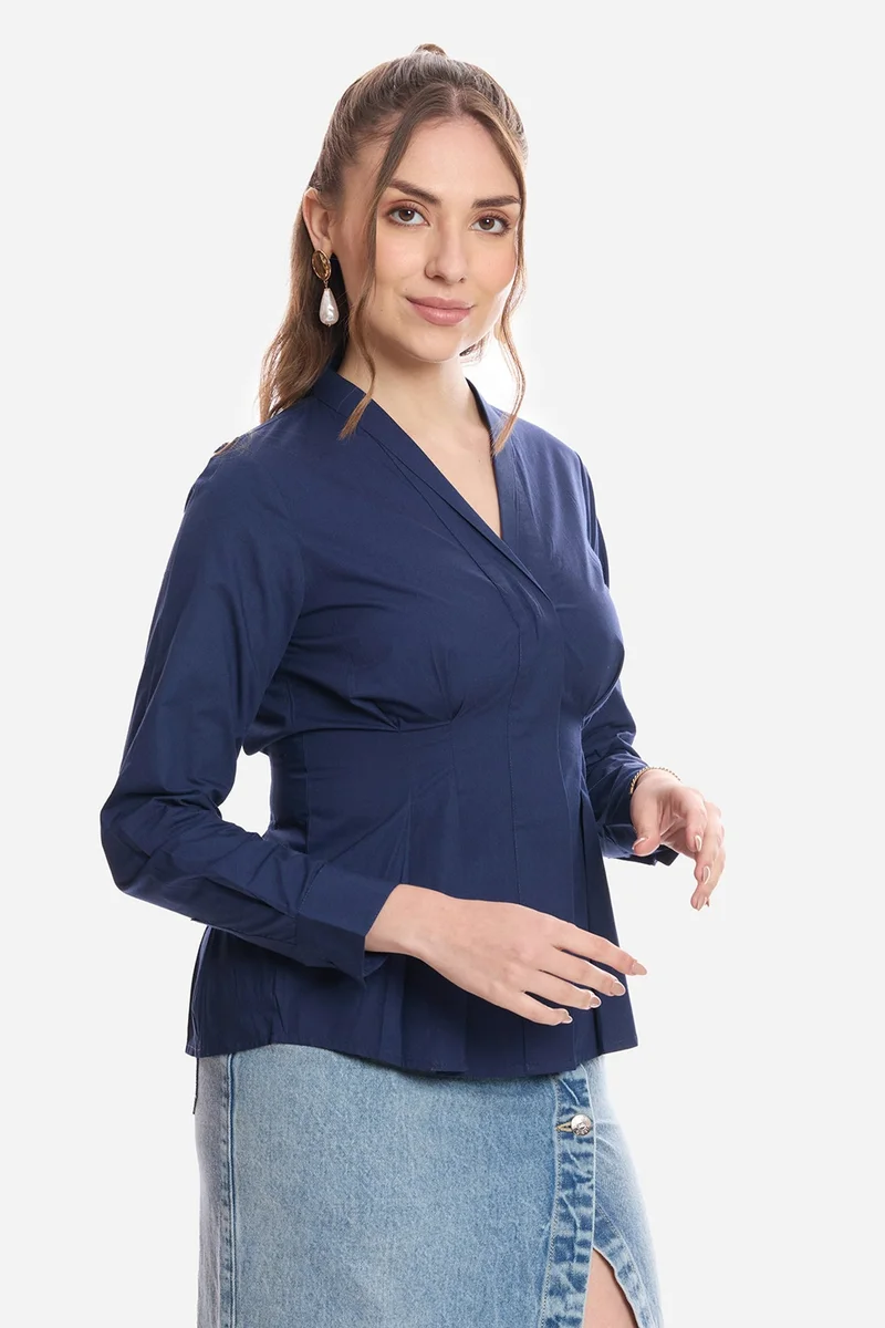 Virgio Navy Blue Solid Cotton Pleated Fit & Flare Shirt for Women for Women | Best Price UAE
