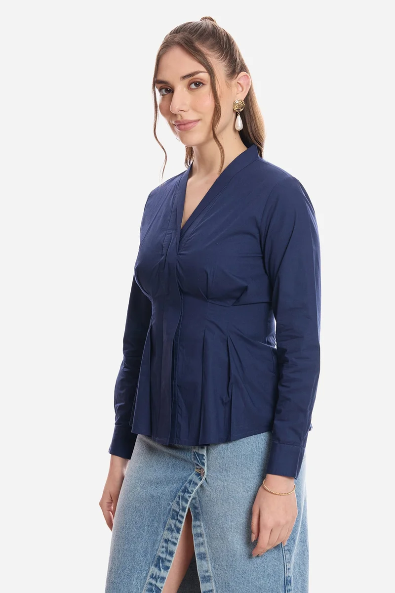 Virgio Navy Blue Solid Cotton Pleated Fit & Flare Shirt for Women for Women | Best Price UAE