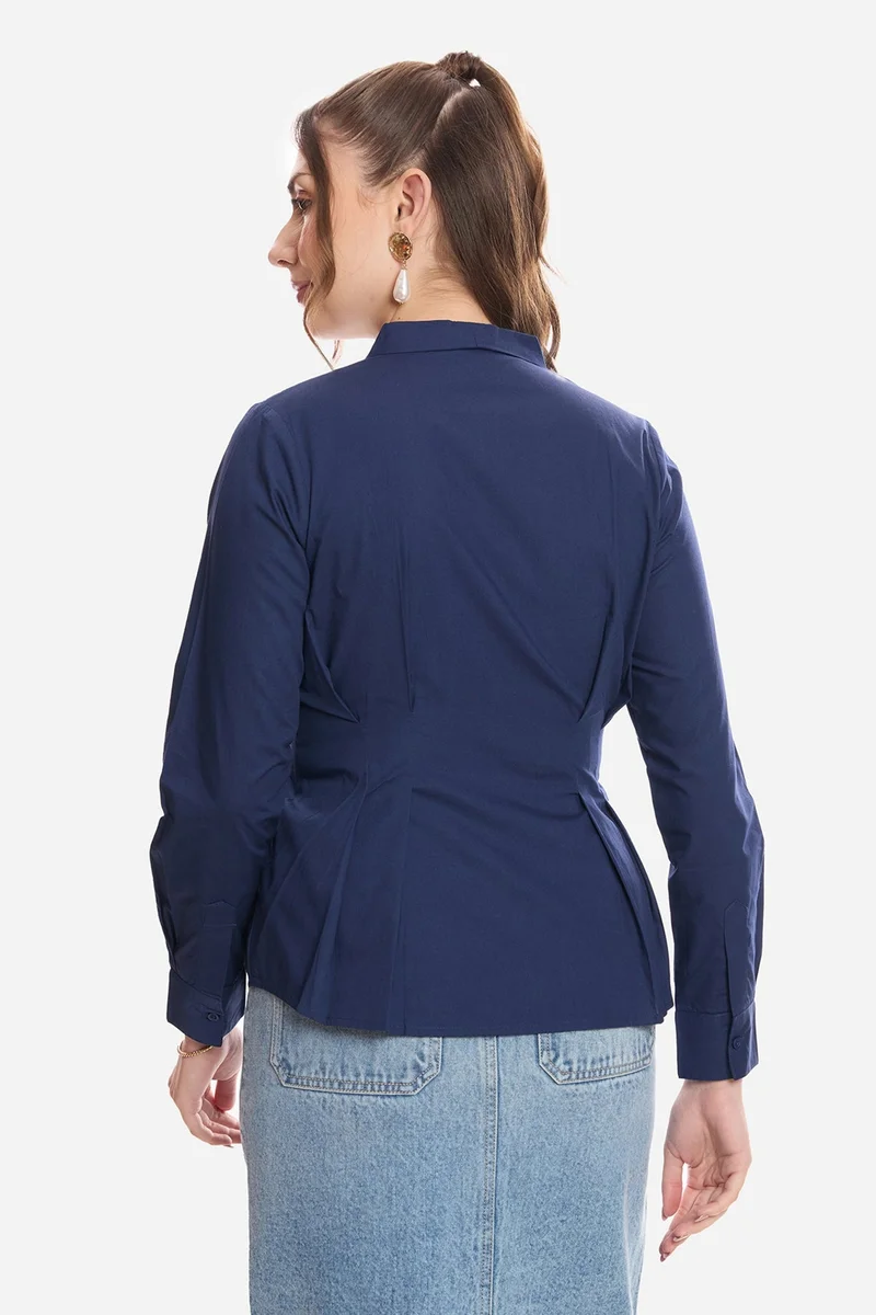 Virgio Navy Blue Solid Cotton Pleated Fit & Flare Shirt for Women for Women | Best Price UAE