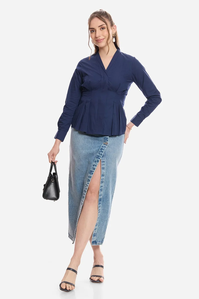 Virgio Solid Cotton Pleated Fit & Flare Shirt for Women