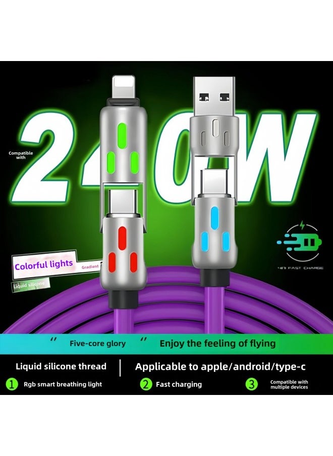240w Four-in-one Colorful Super Fast Charging Data Line One Drag Four Car Two Drag Two Zinc Alloy Silicone Line-Color:White-Model:Bare Wire 1m