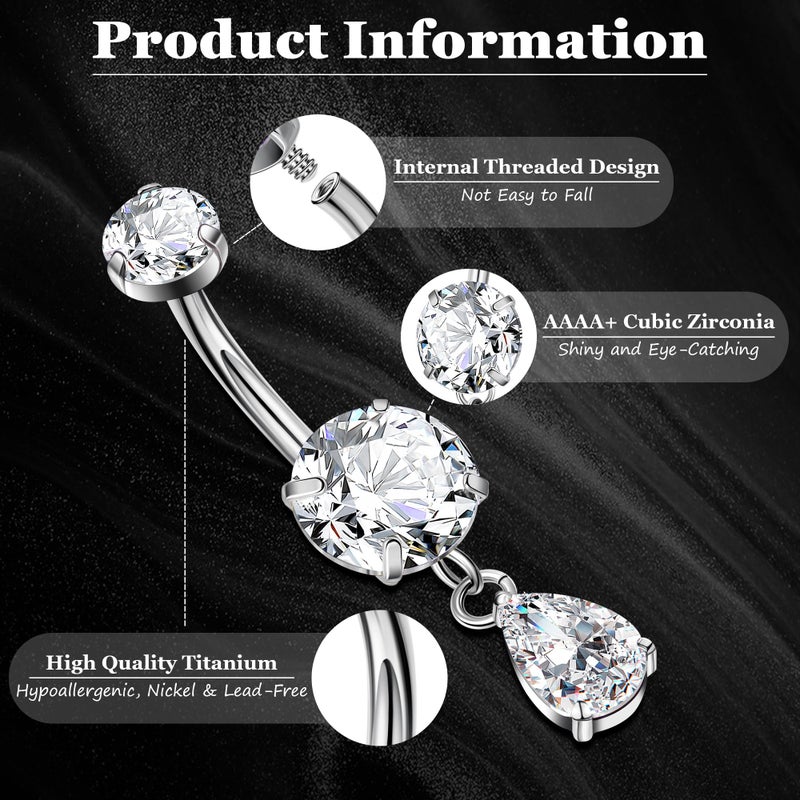 NICEIGHT F136 Pure Titanium Dangle Belly Button Ring for Women Dangling Navel Ring Hypoallergenic Teardrop Belly Rings Internally Threaded CZ Belly Piercing Jewelry 10MM Silver - Image 4