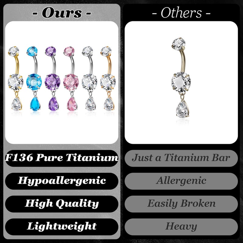 NICEIGHT F136 Pure Titanium Dangle Belly Button Ring for Women Dangling Navel Ring Hypoallergenic Teardrop Belly Rings Internally Threaded CZ Belly Piercing Jewelry 10MM Silver - Image 5