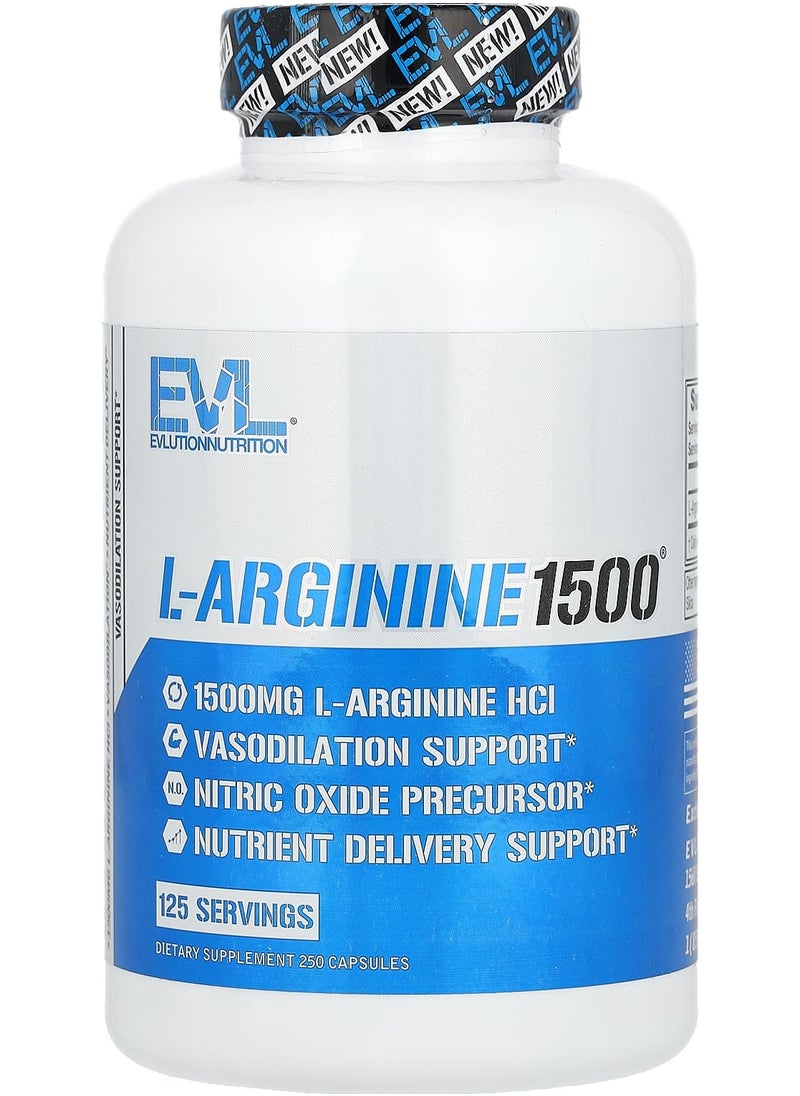 EVLUTION NUTRITION L-Arginine1500, 1,500 mg , 250 Capsules (750 mg per Capsule) 