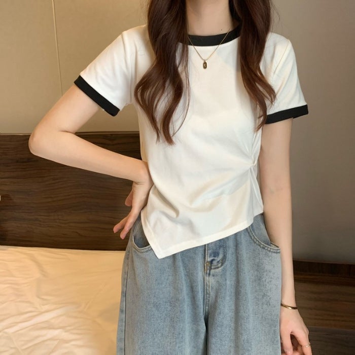 Colorblock Short-Sleeved T-Shirt Women'S Summer Design Colorblock T-Shirt Irregular Casual Slim-Fit Short-Sleeved Top Korean-Style All-Match - Image 1