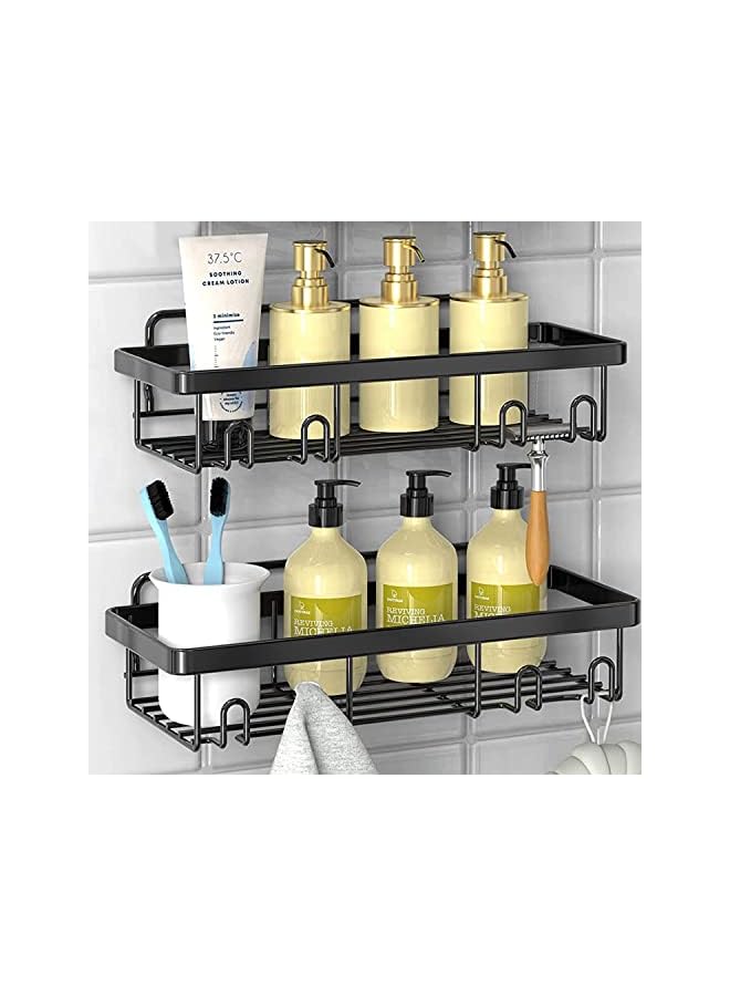 رف منظم لرف الدش (قطعتين)، سلة أرفف حمام سوداء مع لاصق ذاتي، من الفولاذ المقاوم للصدأ للمنزل والمرحاض ودش جدار المطبخ داخل التنظيم والتخزين (أسود) - Image 2