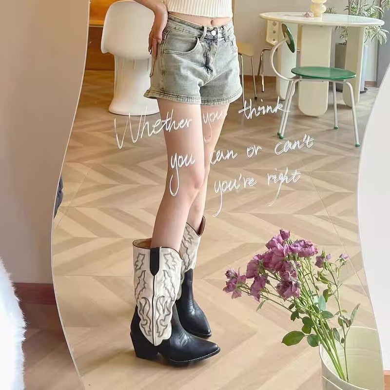 Western Cowboy Boots For Women With Thick Heels Embroidered Slim Mid-Calf Boots With Mid-Heels And Pointed Toe Color Matching Knight Boots - Image 4