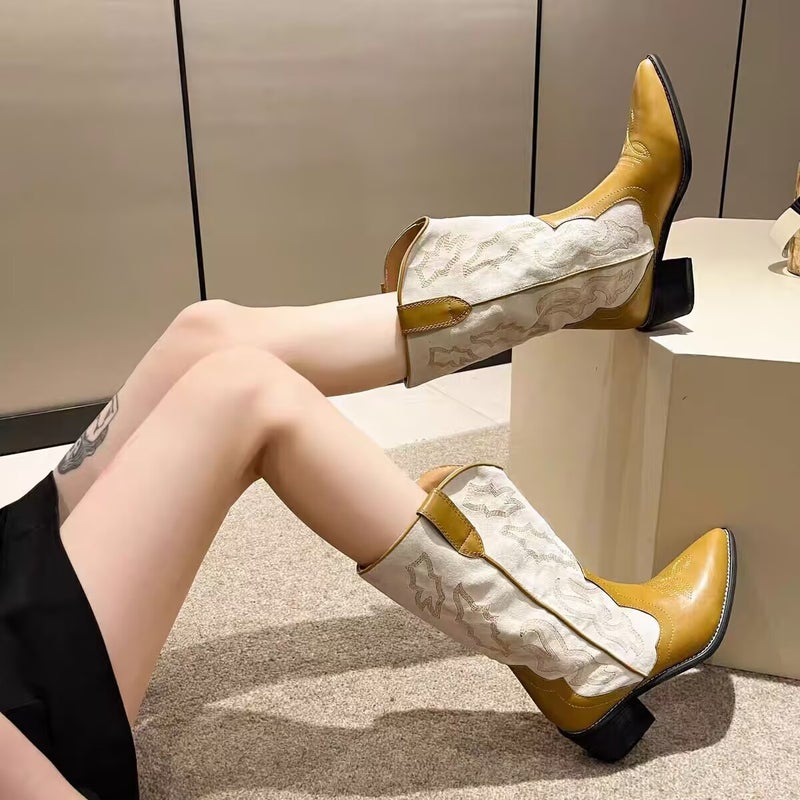 Western Cowboy Boots For Women With Thick Heels Embroidered Slim Mid-Calf Boots With Mid-Heels And Pointed Toe Color Matching Knight Boots - Image 1
