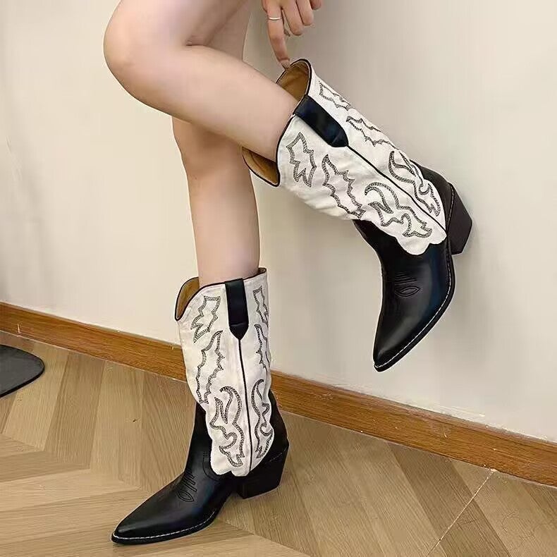 Western Cowboy Boots For Women With Thick Heels Embroidered Slim Mid-Calf Boots With Mid-Heels And Pointed Toe Color Matching Knight Boots - Image 3