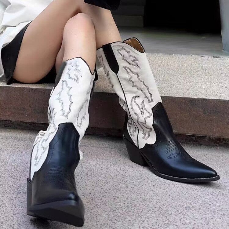 Western Cowboy Boots For Women With Thick Heels Embroidered Slim Mid-Calf Boots With Mid-Heels And Pointed Toe Color Matching Knight Boots - Image 2