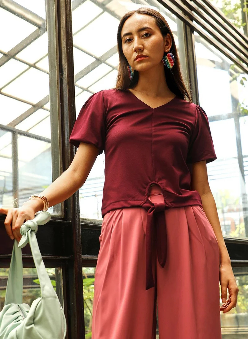 Women's Wine Red Puff-Sleeved Top