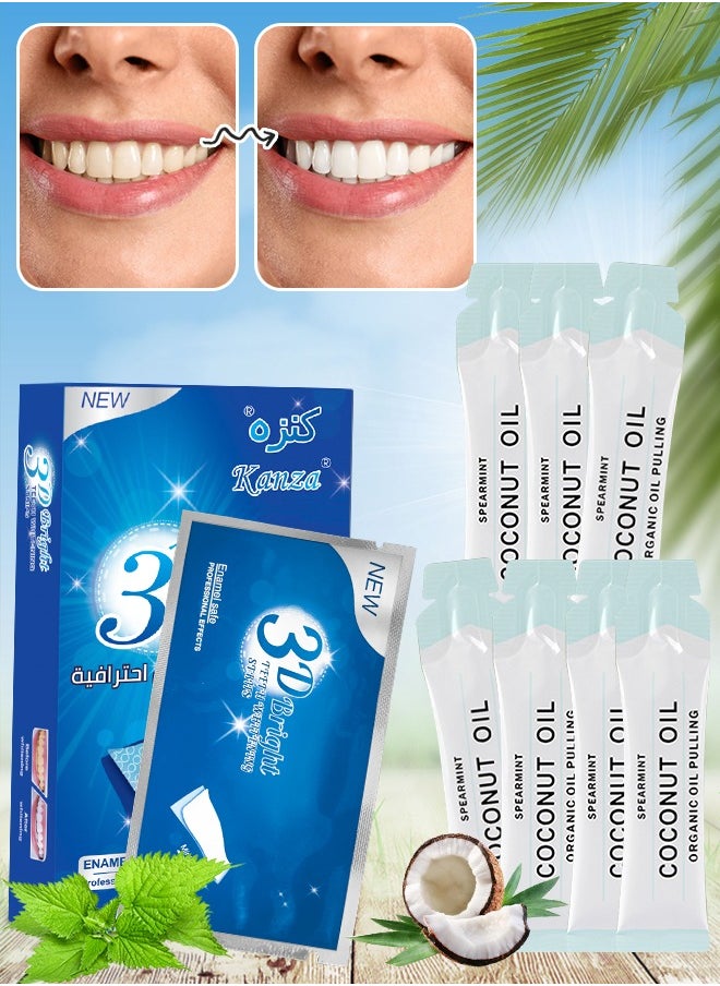 Kanza - Teeth Whitening Combo 7 Pcs Coconut Oil Pulling Mouth Wash with 7 Treatment PAP+ Teeth Whitening Strips Teeth Whitening & Reducing Bad Breath Teeth Whitener for Teeth Enamel & Stains Removal Unisex - Image 1
