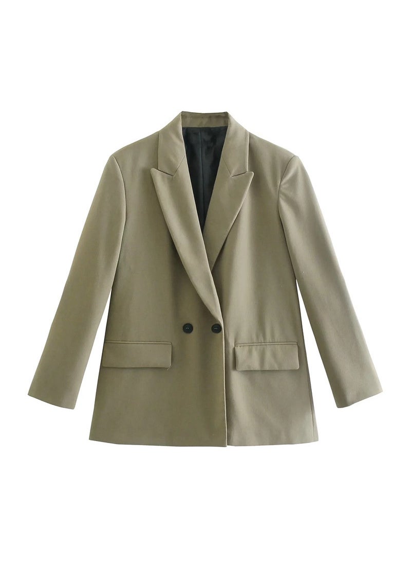 Generic Loose Double-Breasted Multi-Color Womens Suit Jacket Stand Collar Independent Station Fashion Elegant Casual Outerwear Light military green 