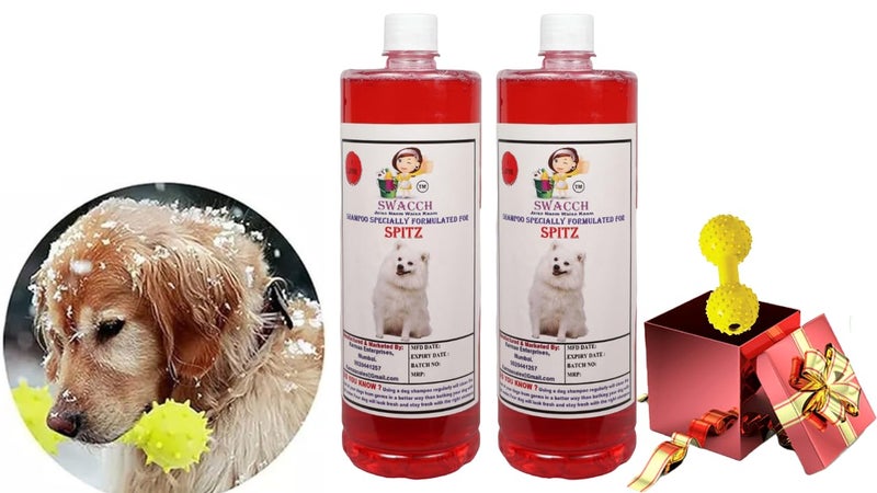 swacch Spitz Dog Shampoo + Dumbbell Toy I Durable Rubber Dog Toy for Chewing I Playing,Teeth Cleaning & Training Toy I Combo Pack I 1 Litre Pack of 2 Strawberry - Image 1
