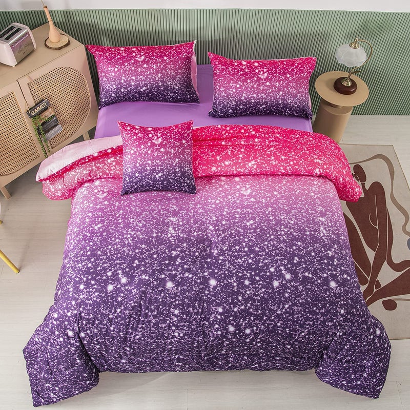 PERFEMET Purple Comforter Set Full Size  6Pcs Colorful Rainbow Girls Bedding Set  Sparkly Pastel Ombre Bed in A Bag  1 Comforter 1 Flat Sheet 1 Fitted Sheet 2 Pillowcases 1 Cushion Cover