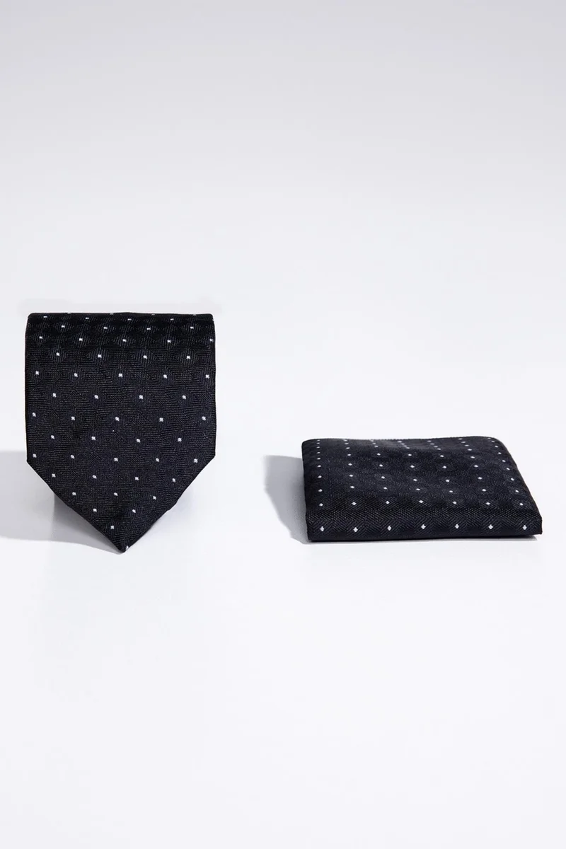 تودورس Classic Patterned Black Tie with Pocket Handkerchief