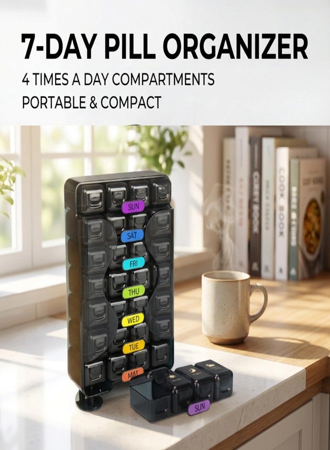 POPCUBE منظم أدوية فاخر كبير الحجم - صندوق منظم أدوية - صندوق أدوية، صندوق منظم حبوب لمدة 7 أيام للمنزل - علبة حبوب ذات أقسام كبيرة، محمولة للحبوب والمكملات الغذائية (أسود (قائم)) - Image 3