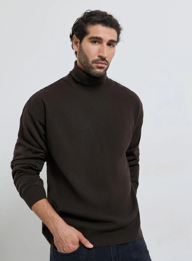 ستايلي Men Coffee Brown Textured Knit Turtle Neck Relaxed Sweater