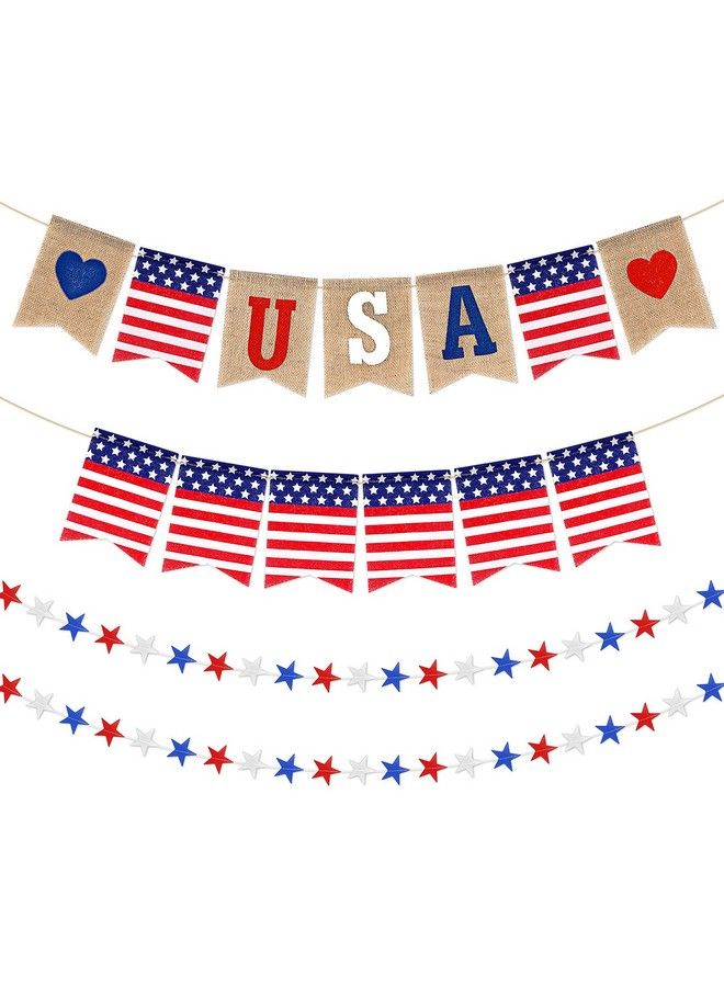 Tatuo 4 Pieces Patriotic 4Th Of July String Pennant Banner Includes 2 Usa American Flag Burlap Banner And 2 Red White Blue Star Banner For Independence Memorial Labor Day Holiday Decorations - Image 1