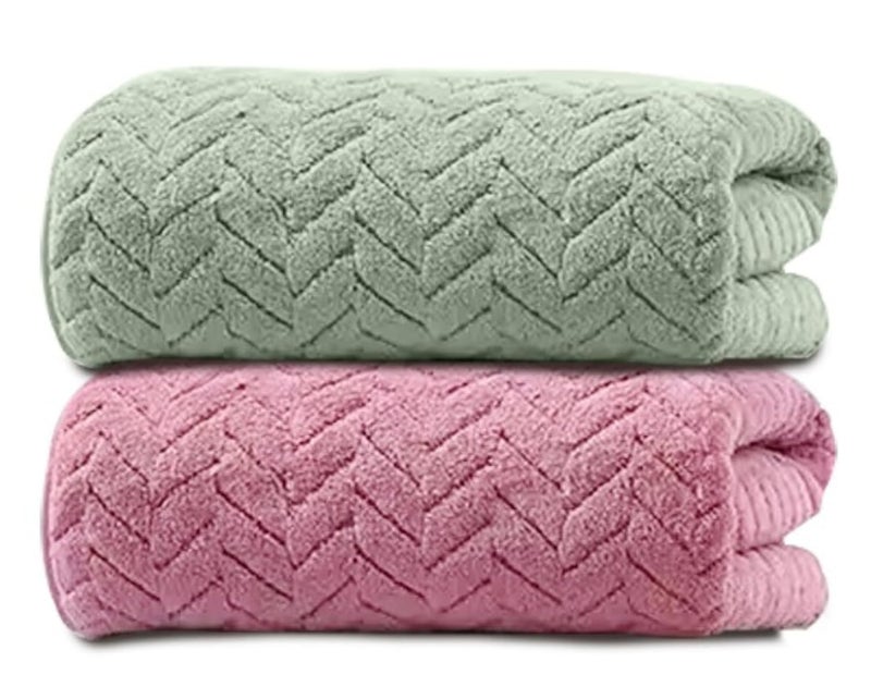 MAXOSHINE Microfiber Towels for Bath Large SizeSuper Soft Coral Fleece Bathing Towel with Hook Quick Dry Super AbsorbentBath Towel for Men and Women70x140 cm GreenPink Pack of 2