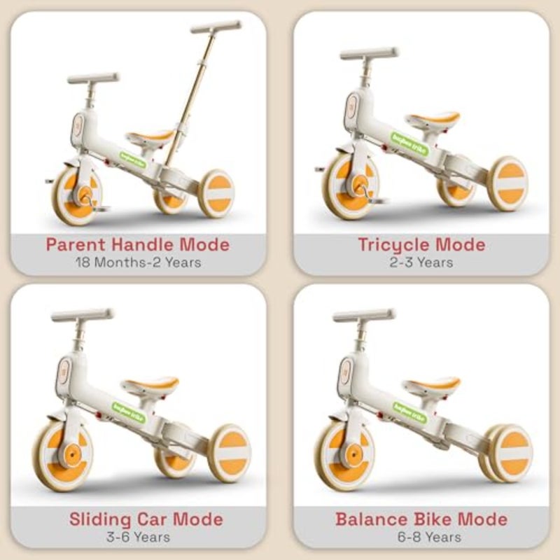 Novak 4 in 1 Convertible Baby Tricycle for,Baby Cycle with 3 Height Adjustable Parental Handle, Balance Bike and Bicycle Mode Foldable Cycle for Toddler 1.5 to 5 Years Orange - Image 4