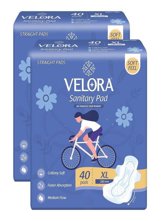 Velora Soft Feel & Rash Free XL 80 Pads Combo with Wider Back for Extra Coverage |Quick Absorption| Medium Flow Straight Sanitary Pads for Women & Girl (40 Pads Each-280MM) - Image 1