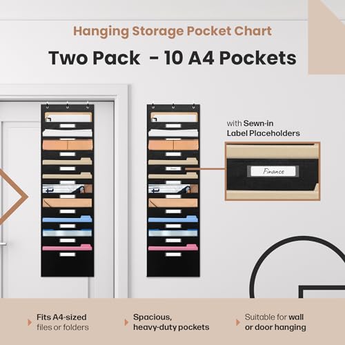 Hippo Creation Storage Pocket Chart for Classroom 10 Pocket Storage Organizer with 6 OverDoor Hangers Hanging Wall Organizer for File Folders School Mailbox Home Office Papers Black 2 Pack - Image 3