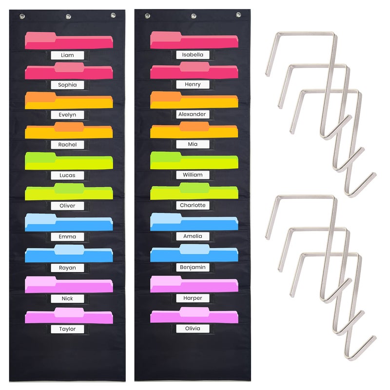 Hippo Creation Storage Pocket Chart for Classroom 10 Pocket Storage Organizer with 6 OverDoor Hangers Hanging Wall Organizer for File Folders School Mailbox Home Office Papers Black 2 Pack - Image 2