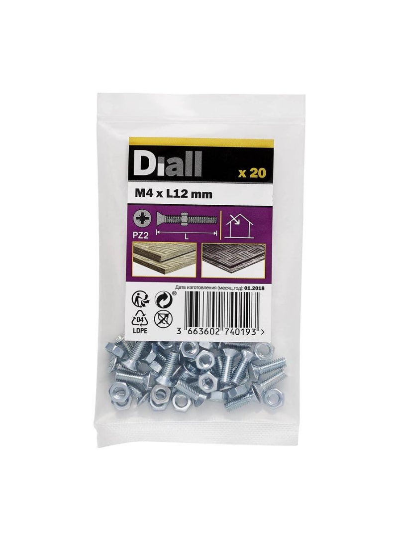 ACE Diall Carbon Steel Countersunk Machine Screw And Nut Set 1.2cm 20Pcs