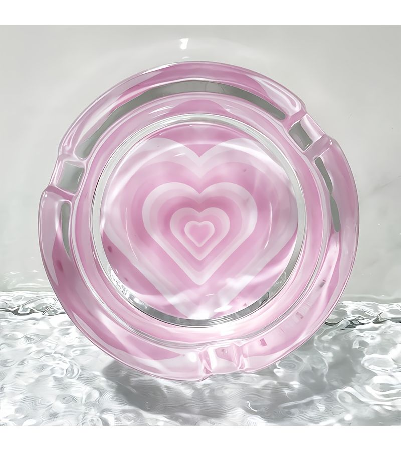 Pink Glass Ashtray With Heart Lid Mini Decorative Clear Base Round Holder For Women Friends - Image 1