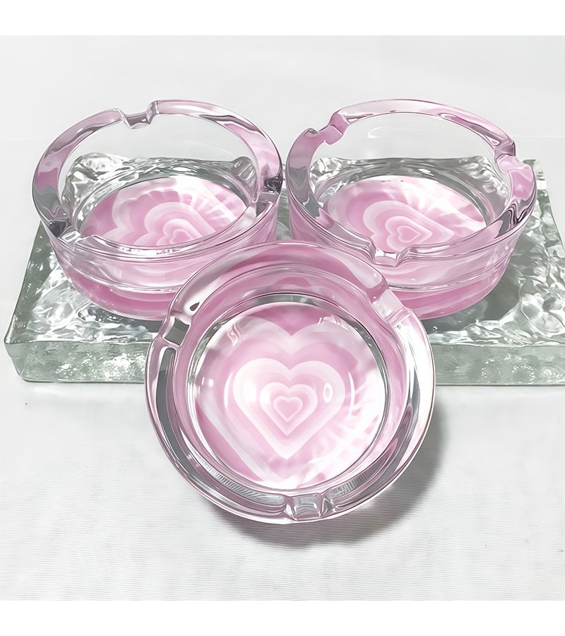 Pink Glass Ashtray With Heart Lid Mini Decorative Clear Base Round Holder For Women Friends - Image 4