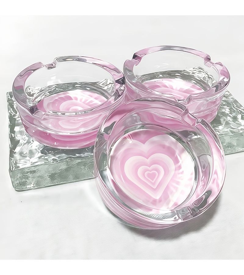 Pink Glass Ashtray With Heart Lid Mini Decorative Clear Base Round Holder For Women Friends - Image 5