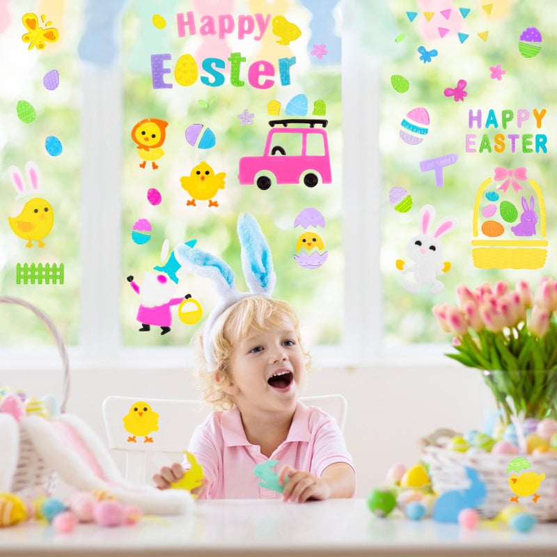 HOHUCRAB 6 Sheets Easter Gel Window Clings, Eggs, Bunny, Basket and Gnome Easter Gel Clings for Glass Windows Decorations - Image 3