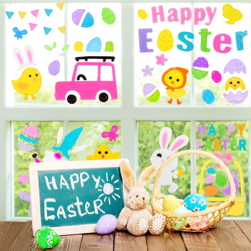 HOHUCRAB 6 Sheets Easter Gel Window Clings, Eggs, Bunny, Basket and Gnome Easter Gel Clings for Glass Windows Decorations - Image 2