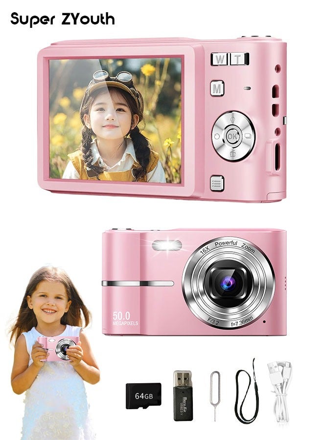 Super ZYouth Digital Camera for Kids, 50 MP Camera with 16X Zoom and Anti-Shake, Compact Camera for Teens Girls Boys, Camera for Photography and Video with 64 GB Card, Pink - Image 1