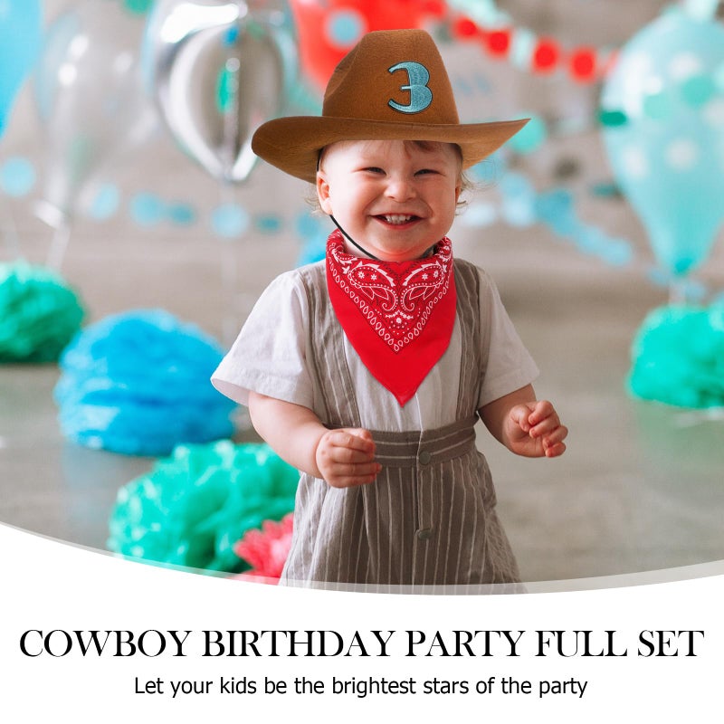Velmitten 3 Pcs Cowboy Birthday Party Hat and Bandanas with 0-9 Numbers Infant Baby Hat Kid Western Costume Accessories(Red) - Image 3