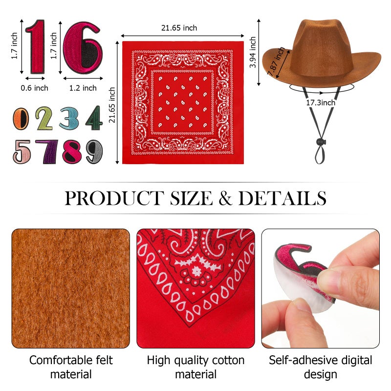 Velmitten 3 Pcs Cowboy Birthday Party Hat and Bandanas with 0-9 Numbers Infant Baby Hat Kid Western Costume Accessories(Red) - Image 2