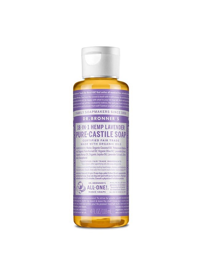 Dr. Bronner's صابون سائل بيور كاستيل (لافندر، 4 أونصة) - مصنوع من زيوت عضوية، 18 استخدام: للوجه، الجسم، الشعر، الغسيل، الحيوانات الأليفة والأطباق، مركز، نباتي، غير معدل وراثيًا - Image 1